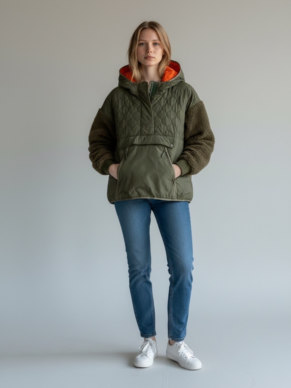 Zara Quilted Sherpa Sleeve Hooded Anorak Pullover Jacket Olive Green XS